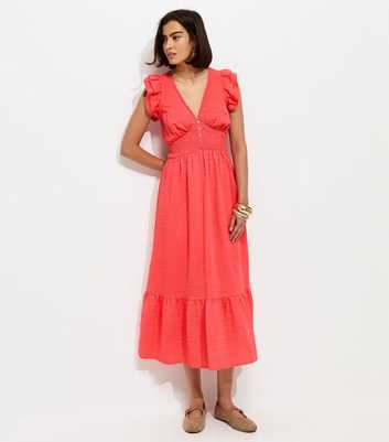 Dark Coral Ruffled Cap Sleeve Midi Dress