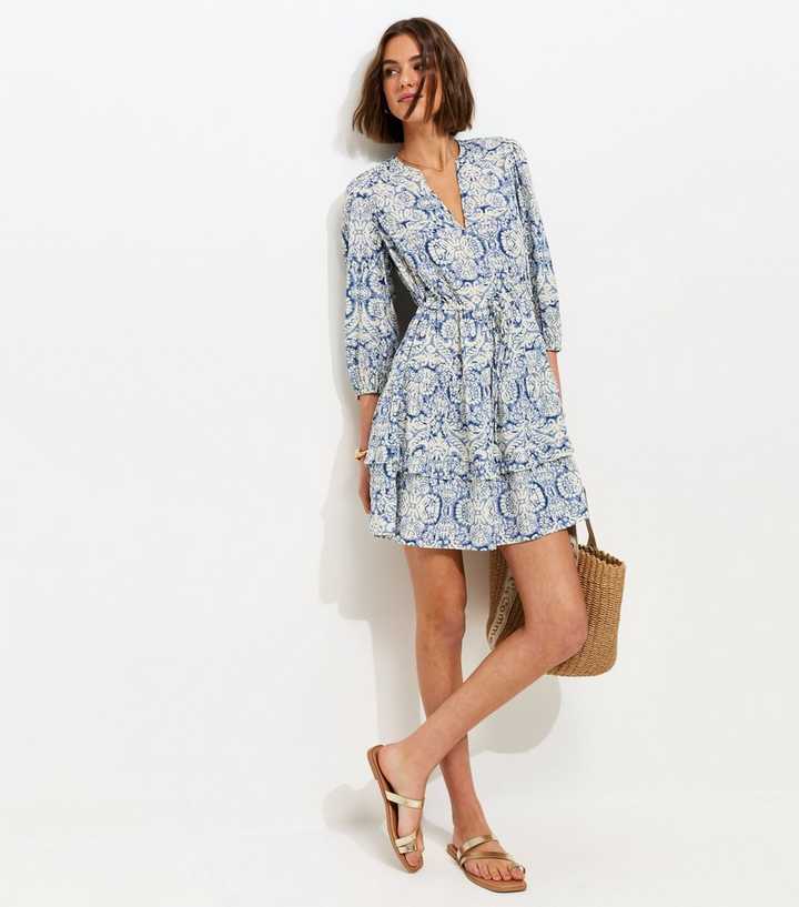 Blue Tiered Cropped Sleeve Mini Dress