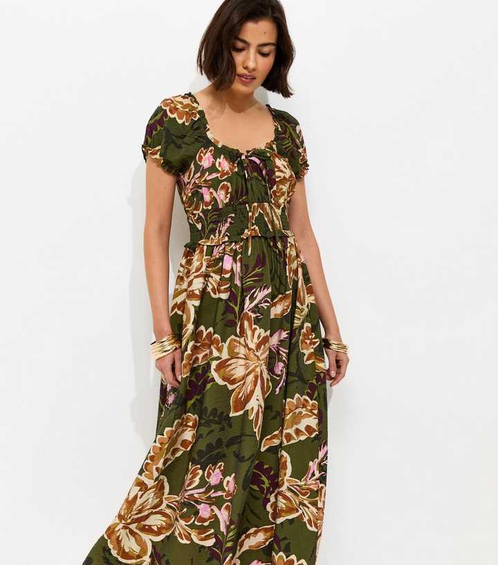 Green Paisley Pattern Shirred Waist Midi Dress
