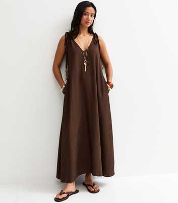 Petite Dark Brown Ruched Shoulder Smock Midi Dress