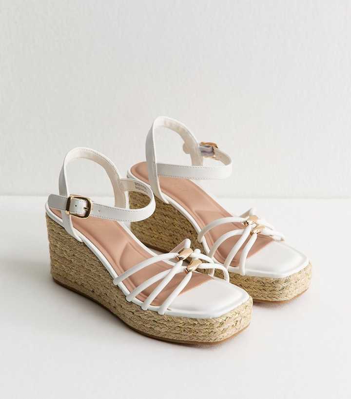 White Faux Leather Strappy Wedges