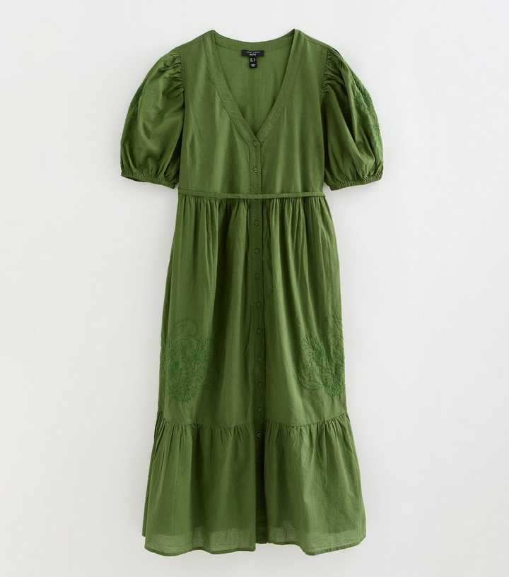 Petite Bright Green Floral Embroidered Smock Shirt Dress | New Look