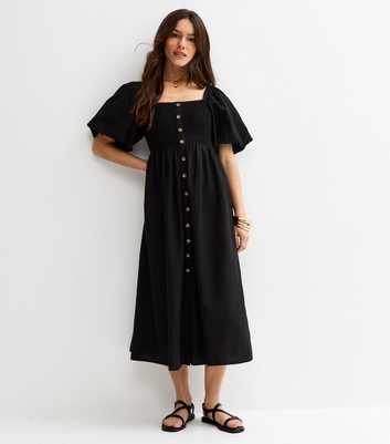 Petite Black Button Through Milkmaid Midi Dress