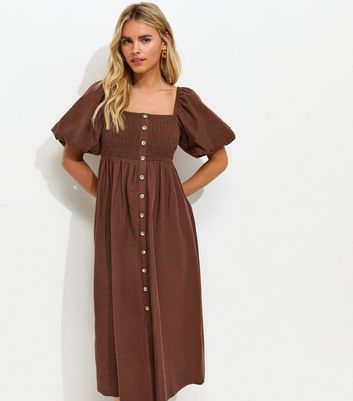 Petite Dark Brown Button Through Milkmaid Midi Dress | New Look