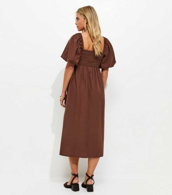 Petite Dark Brown Button Through Milkmaid Midi Dress | New Look
