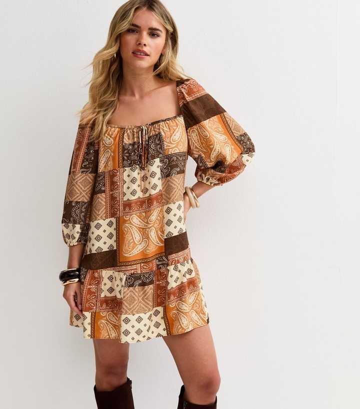 Petite Brown Patchwork Smock Mini Dress