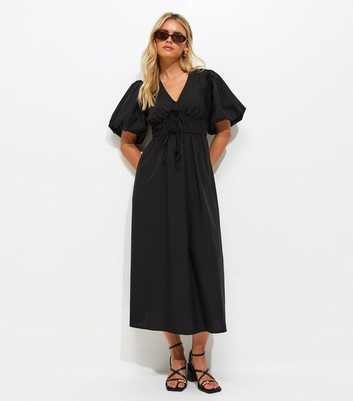 Petite Black Puff Sleeve Midi Dress