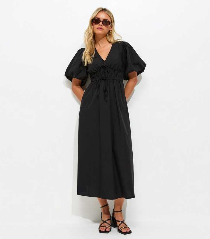 Petite Black Puff Sleeve Midi Dress