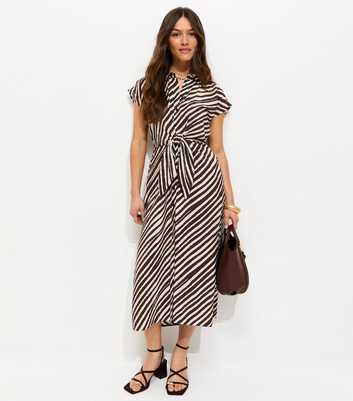 Petite Brown Stripe Print Twist Front Short Sleeve Midi Dress