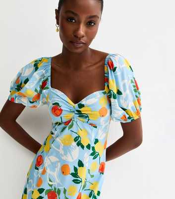 Light Blue Crepe Fruit Print Midi Dress