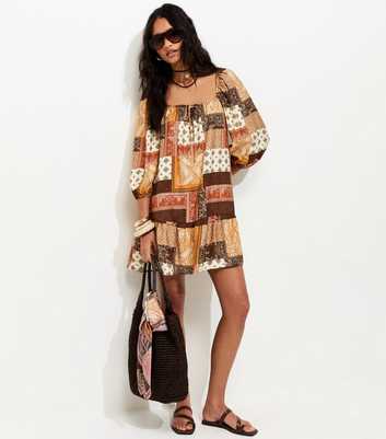 Brown Patchwork Print Smock Mini Dress