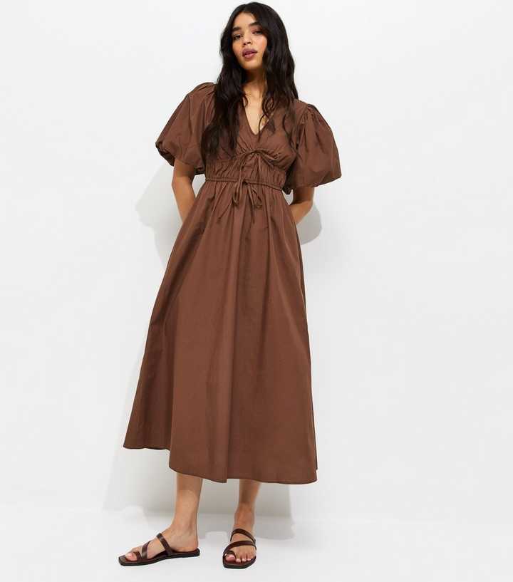 Dark Brown Cotton Puff Sleeve Midi Dress