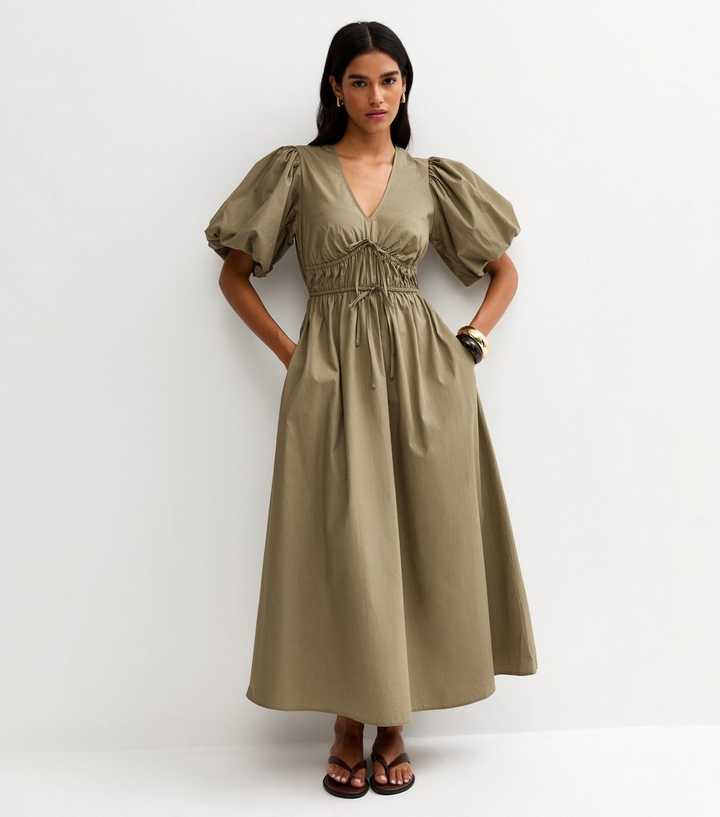 Dark Khaki Cotton Puff Sleeve Midi Dress