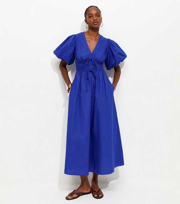 Bright Blue Cotton Puff Sleeve Midi Dress