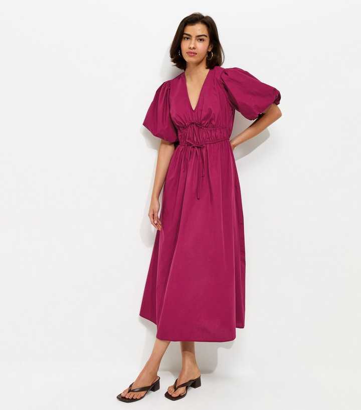 Light Burgundy Cotton Puff Sleeve Midi Dress | New Look
