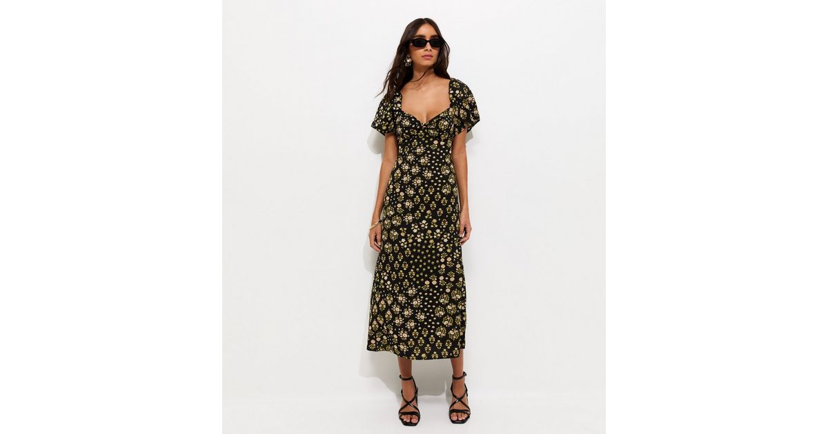 new look black floral midi dress New Look New Look sweetheart neckline floral midi dress in black - Dresses  & Skirts