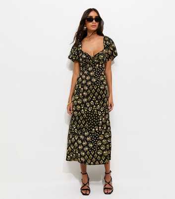 Black Floral Sweetheart Neck Midi Dress