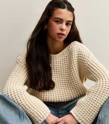 Girls Off White Moss Stitch Slash Neck Jumper