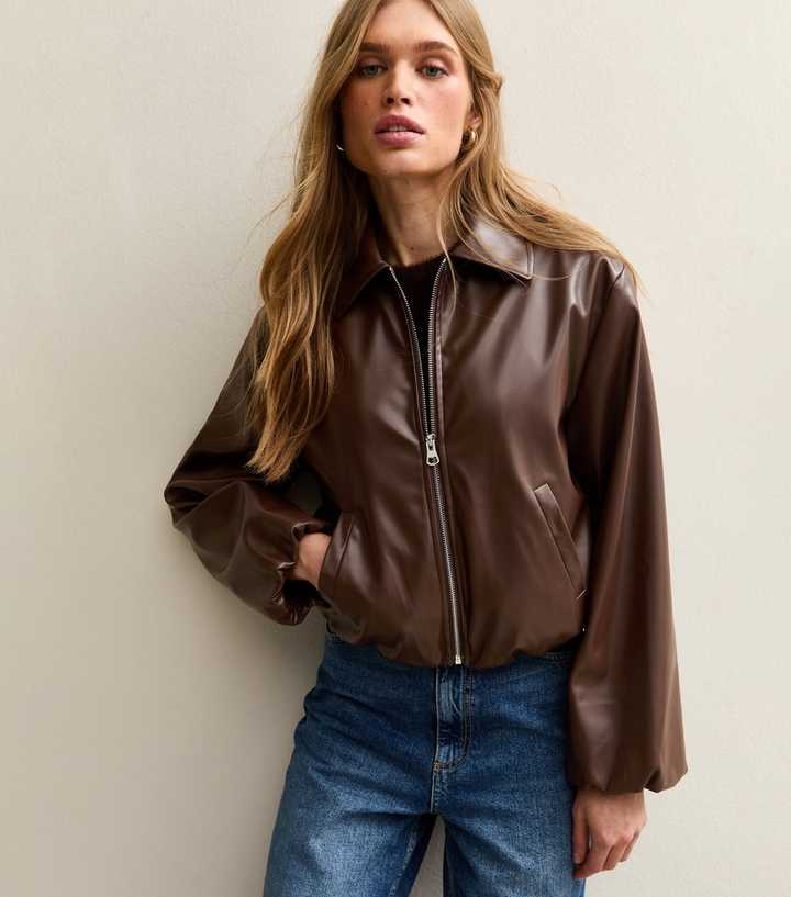 Brown Faux Leather Bubble Hem Jacket