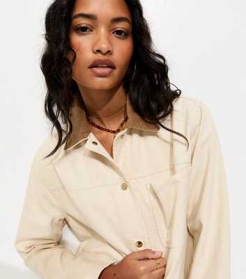 Off White Cotton Longline Corduroy Collar Jacket