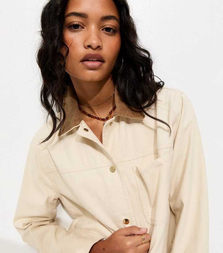 Off White Cotton Longline Corduroy Collar Jacket
