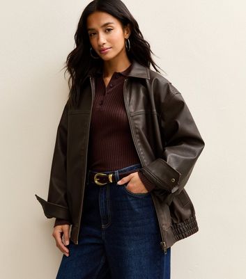 Petite Oversized Washed Faux Leather Jacket