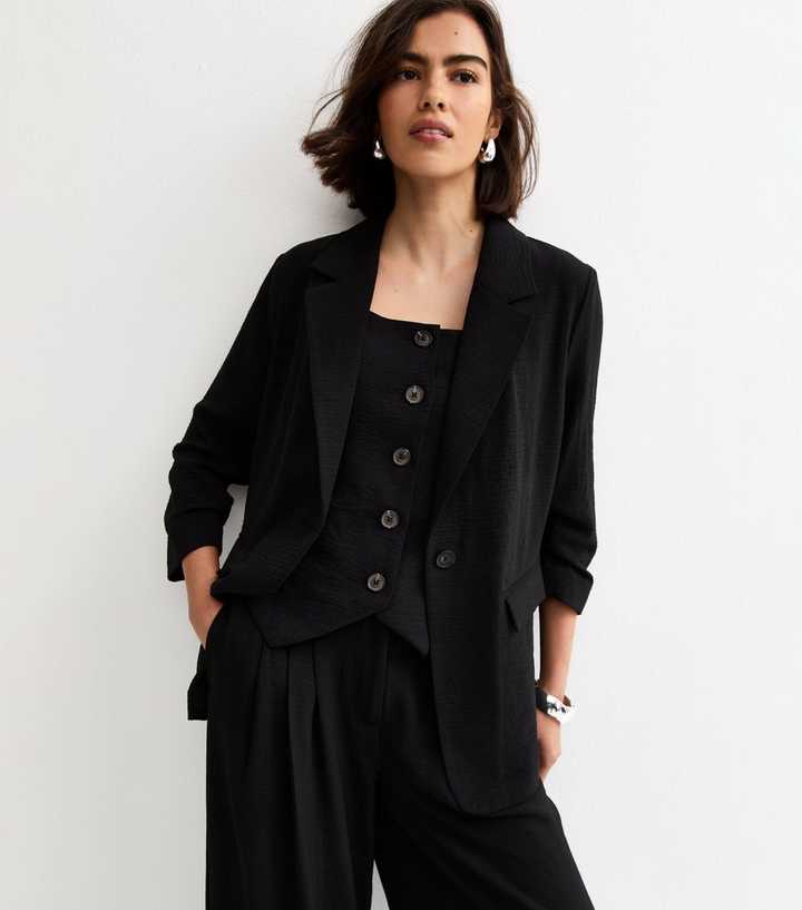 Black Ruched Sleeve Blazer