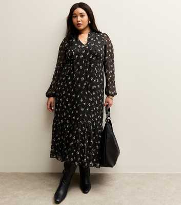 Curves Black Ditsy Chiffon Midi Dress