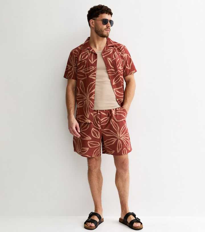 Red Relaxed Floral Cotton Shorts