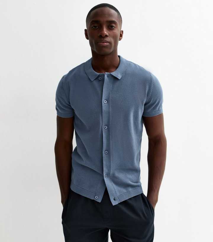 Dark Blue Regular Button Through Polo Top