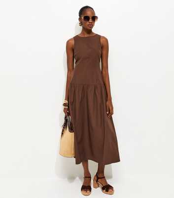 Brown Dropped Waist Midi Dress