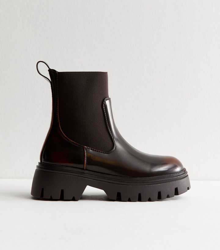 Brown Faux Leather Truffle Chunky Sole Chelsea Boots