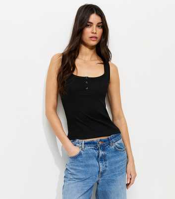 Black Square Neck Button Front Vest Top