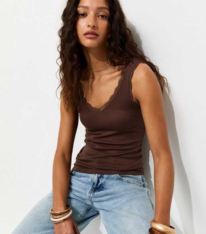 Dark Brown Lace Trim Vest