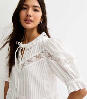 White Striped Ruffle Tie Neck Blouse