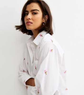 White Cotton Poplin Floral Embroidery Shirt