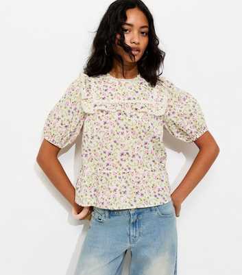 Cream Floral Lace Yoke Puff Sleeve Blouse