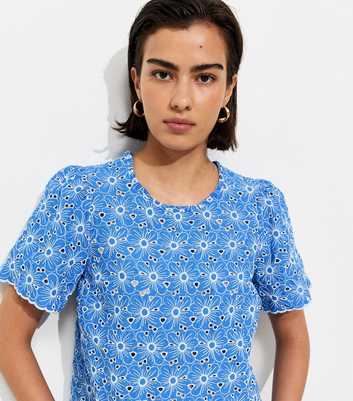 Blue Cutwork Floral Crew Neck Top