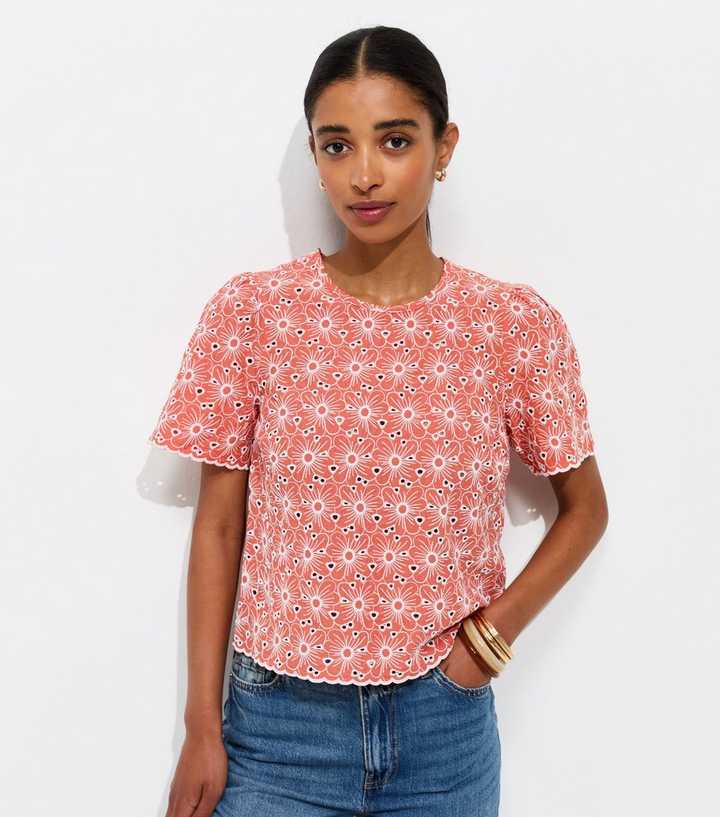 Light Coral Cutwork Floral Crew Neck Top