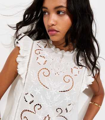 Off White Cotton Broderie Anglaise Ruffled Top