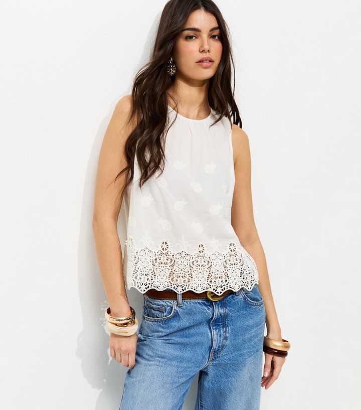 Off White Cotton Embroidered Sleeveless Top