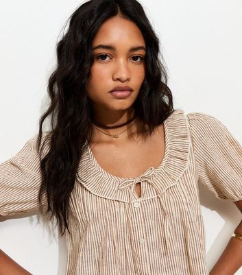 Brown Striped Frill Neckline Blouse | New Look