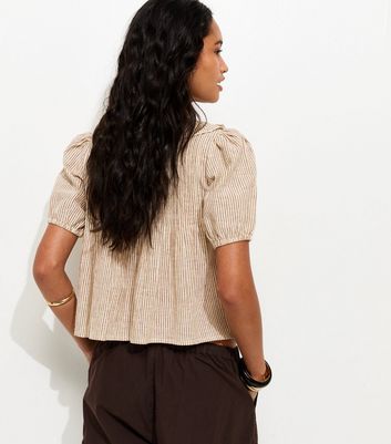 Brown Striped Frill Neckline Blouse | New Look