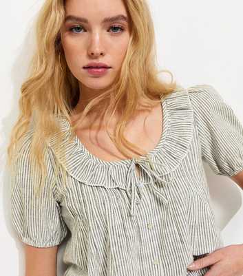 Green Striped Frill Neckline Blouse