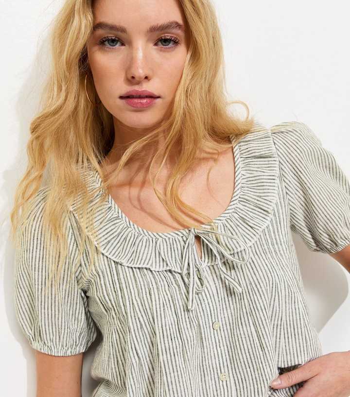 Green Striped Frill Neckline Blouse