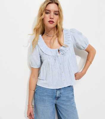 Light Blue Striped Frill Neckline Blouse