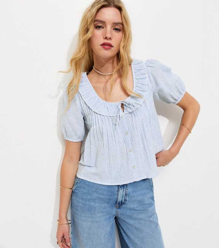 Light Blue Striped Frill Neckline Blouse