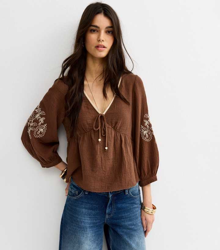 Dark Brown Embroidered Sleeve Tea Blouse