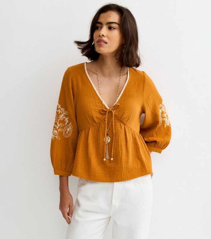 Orange Embroidered Sleeve Tea Blouse