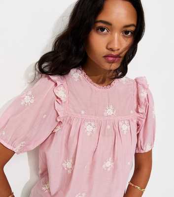 Pink Floral Embroidered Puff Sleeve Blouse